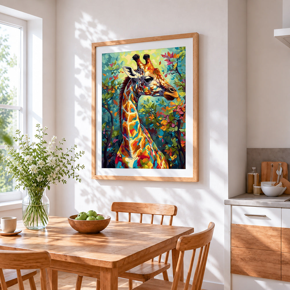 Colourful abstract giraffe in the forest cross stitch artwork displayed on wall as home decor