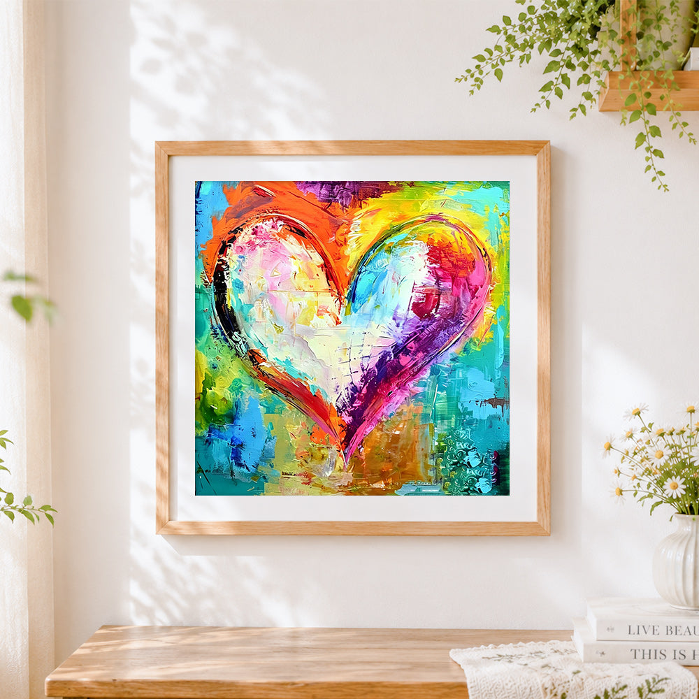 Finished colourful abstract heart paint by numbers artwork displayed as home decor