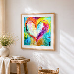 Colourful abstract heart paint by numbers artwork displayed on wall as home decor