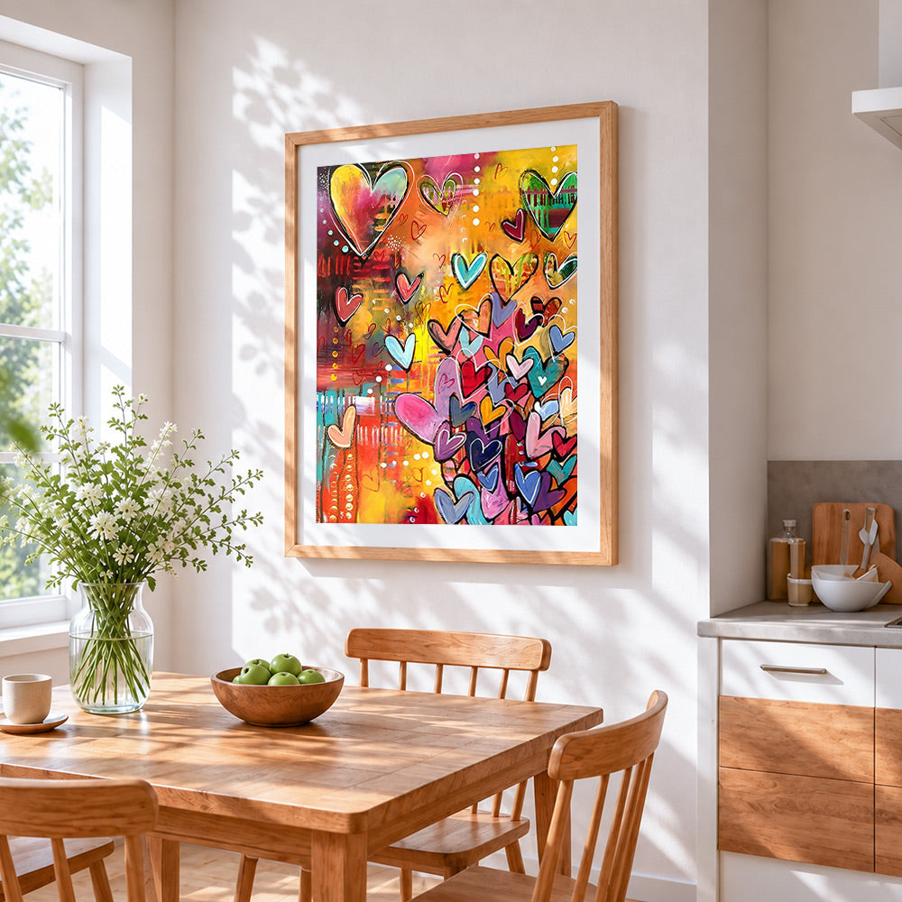 Colourful abstract hearts cross stitch artwork displayed on wall as home decor