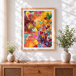 Finished colourful abstract hearts paint by numbers artwork displayed as home decor