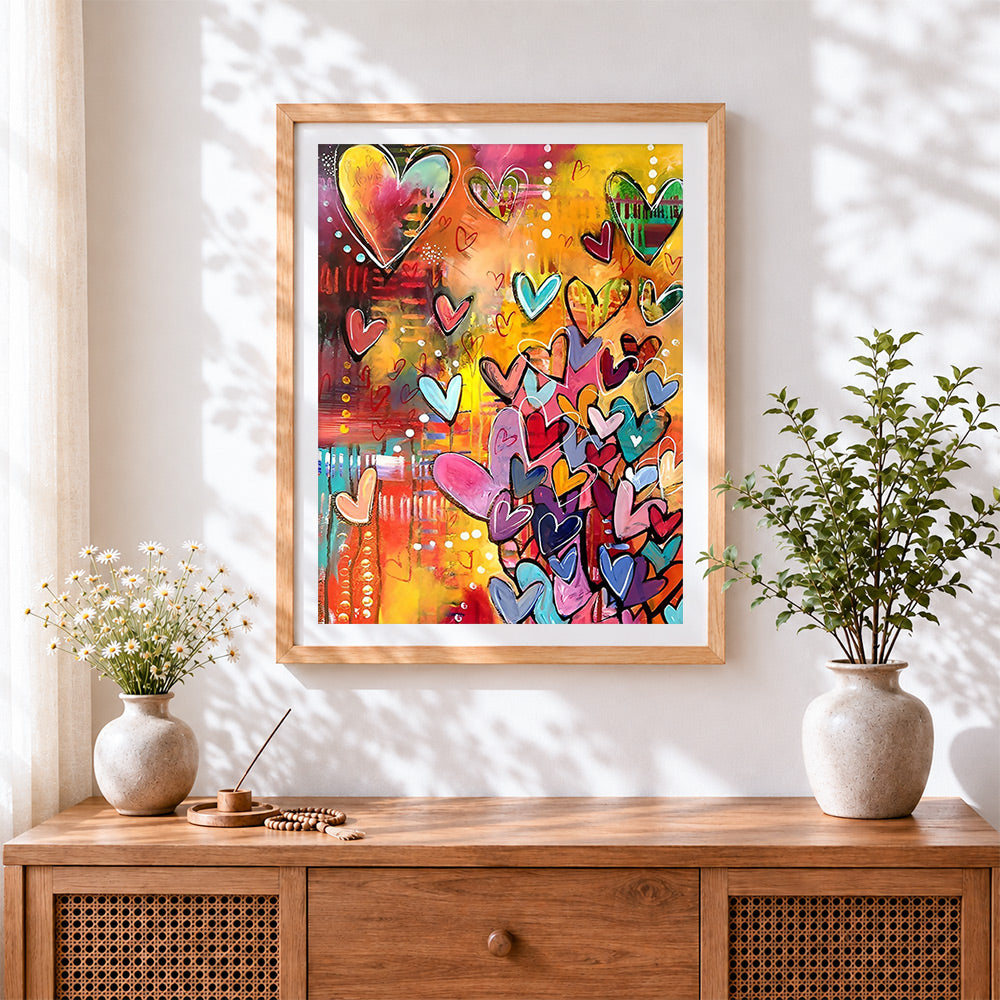 Finished colourful abstract hearts paint by numbers artwork displayed as home decor