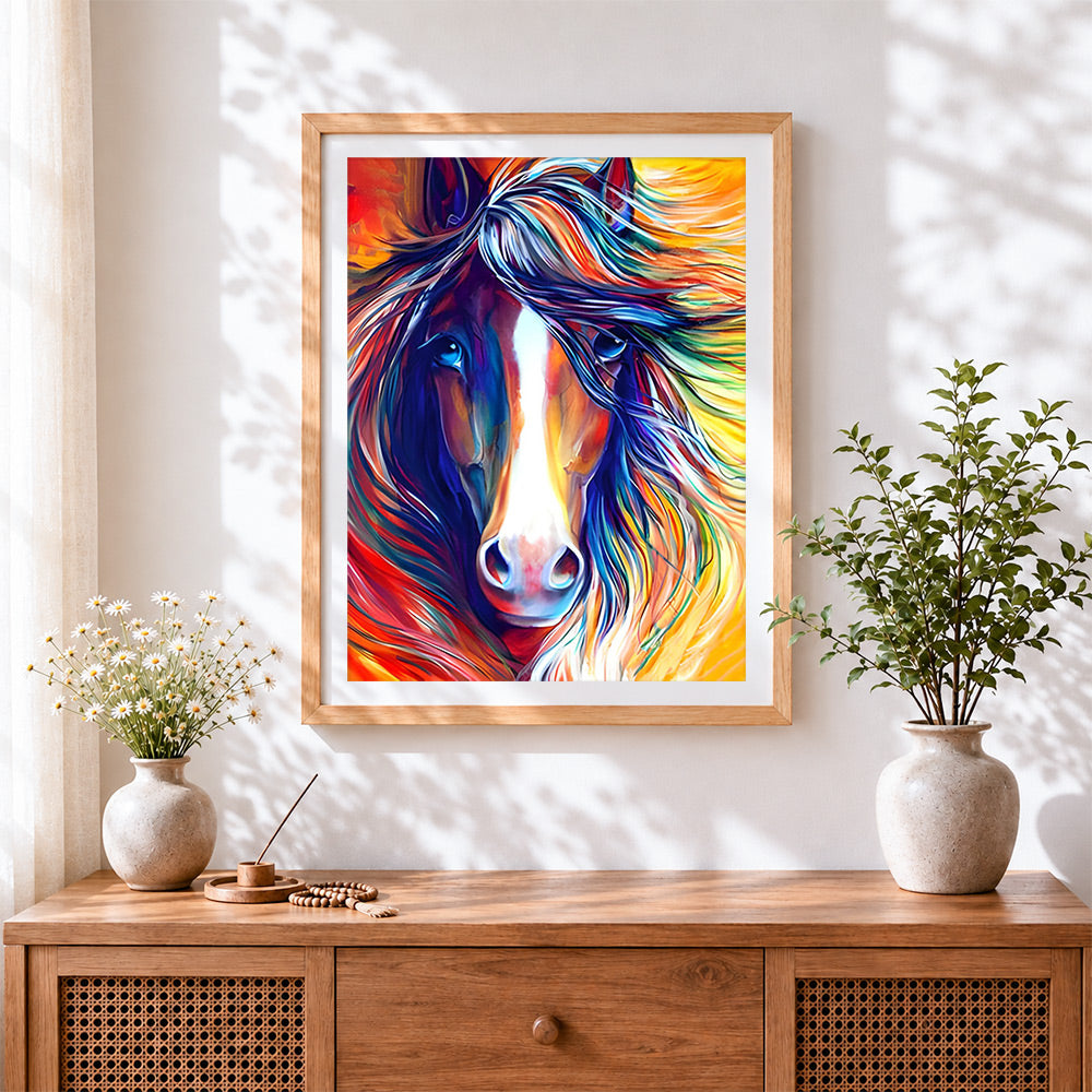 Finished colourful abstract horse cross stitch artwork displayed