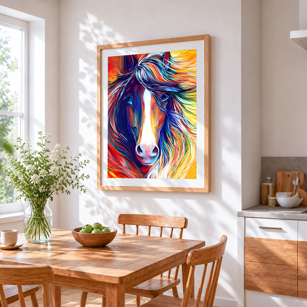 Colourful abstract horse cross stitch artwork displayed on wall as home decor