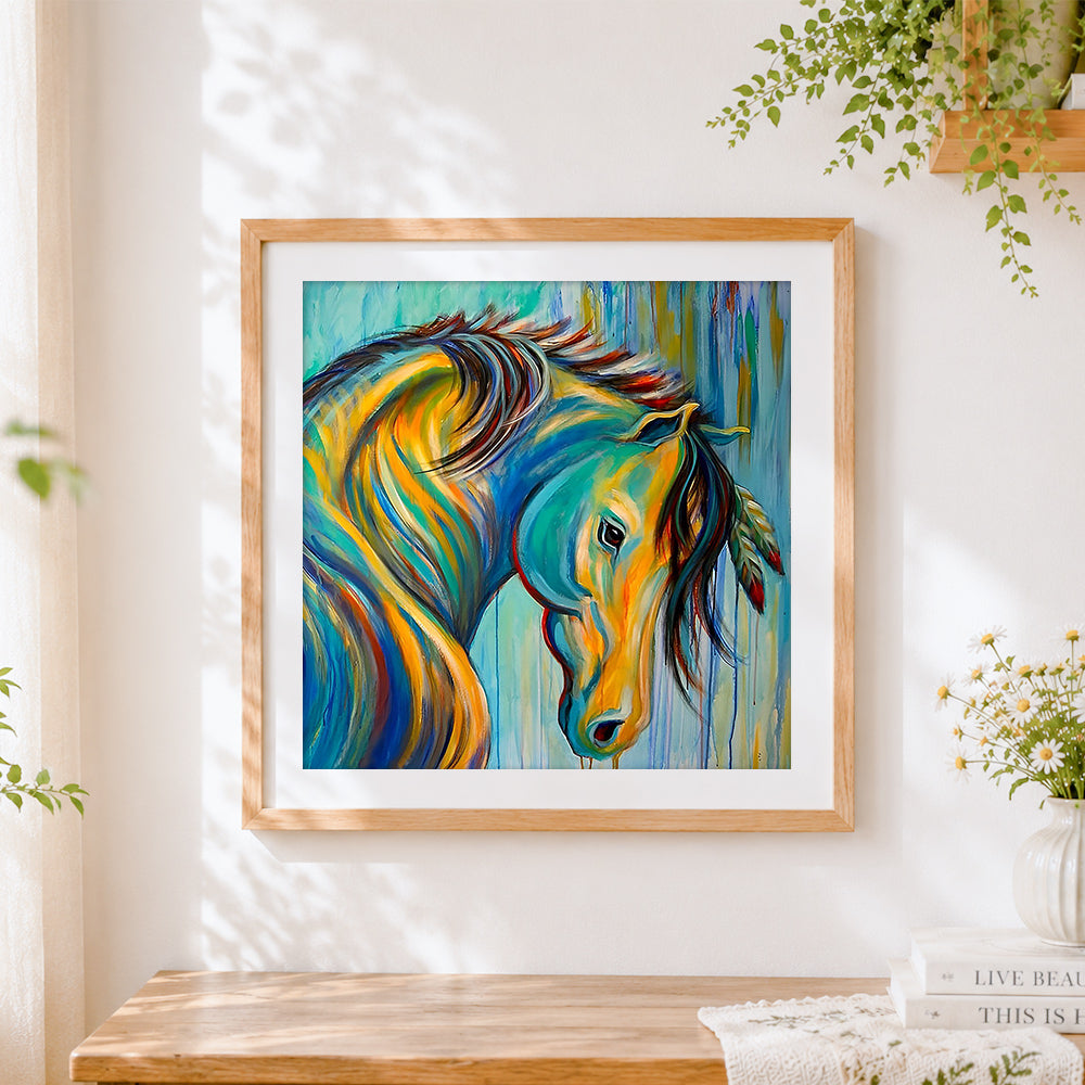 Finished colourful abstract horse head cross stitch artwork displayed