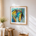 Colourful abstract horse head cross stitch artwork displayed on wall as home decor