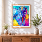Finished colourful abstract horses paint by numbers artwork displayed as home decor
