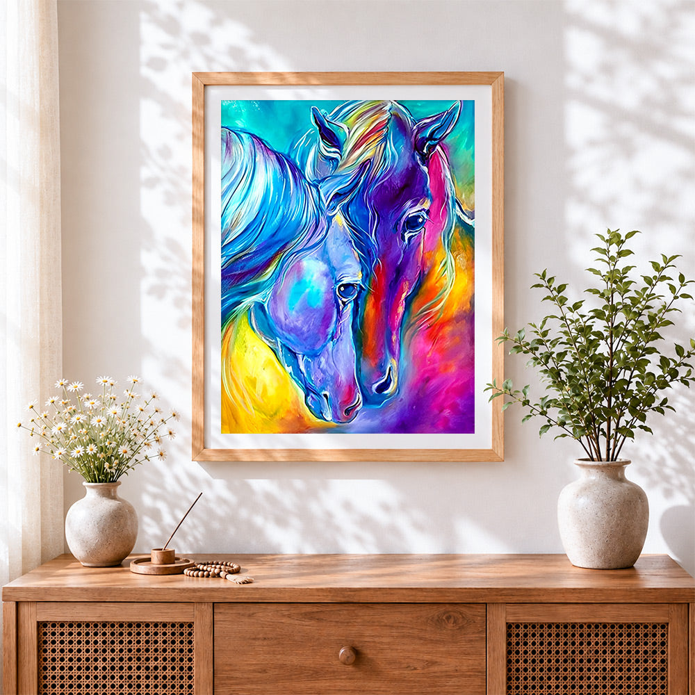 Finished colourful abstract horses paint by numbers artwork displayed as home decor