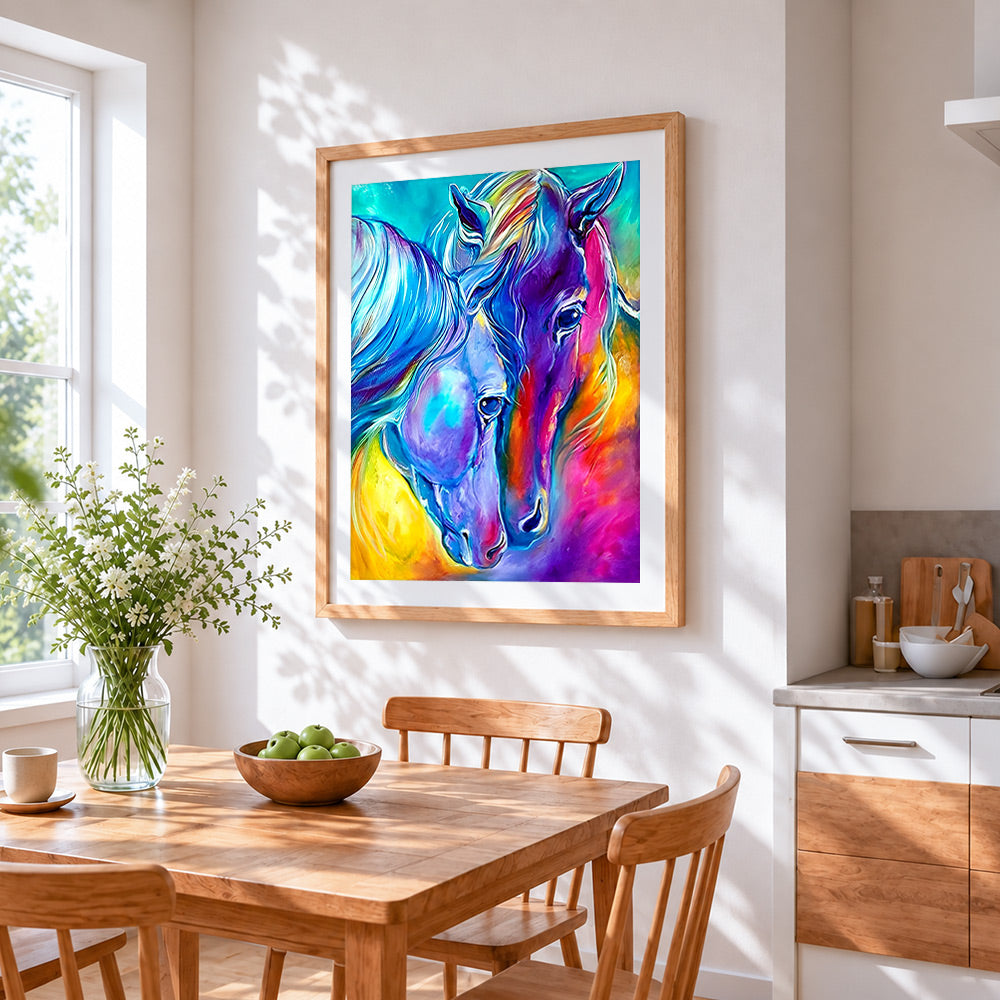 Colourful abstract horses paint by numbers artwork displayed on wall as home decor