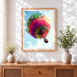Finished colourful abstract hot air balloon cross stitch artwork displayed
