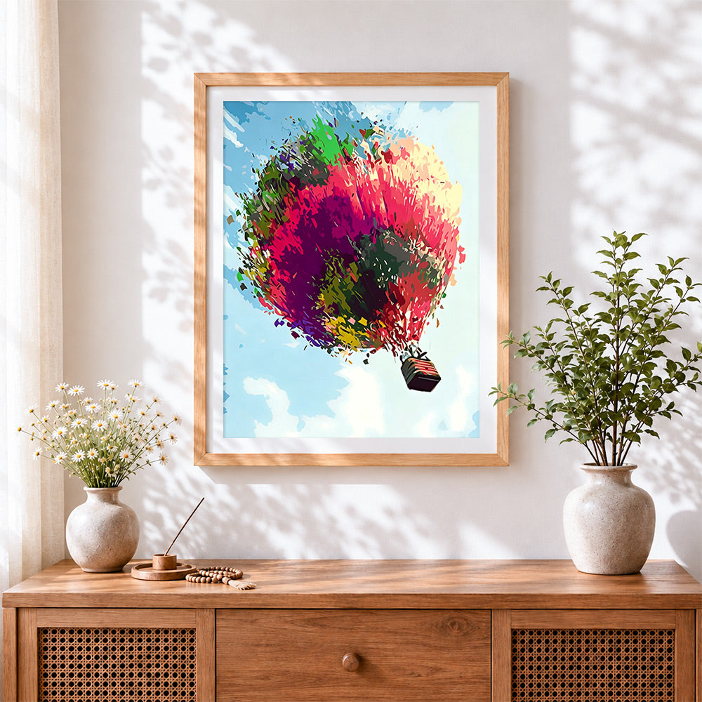 Finished colourful abstract hot air balloon cross stitch artwork displayed