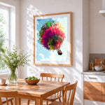 Colourful abstract hot air balloon cross stitch artwork displayed on wall as home decor