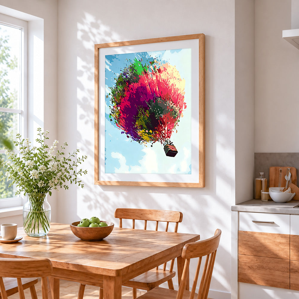 Colourful abstract hot air balloon cross stitch artwork displayed on wall as home decor