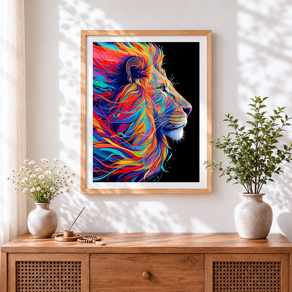 Finished colourful abstract lion profile cross stitch artwork displayed