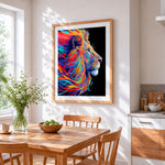 Colourful abstract lion profile cross stitch artwork displayed on wall as home decor