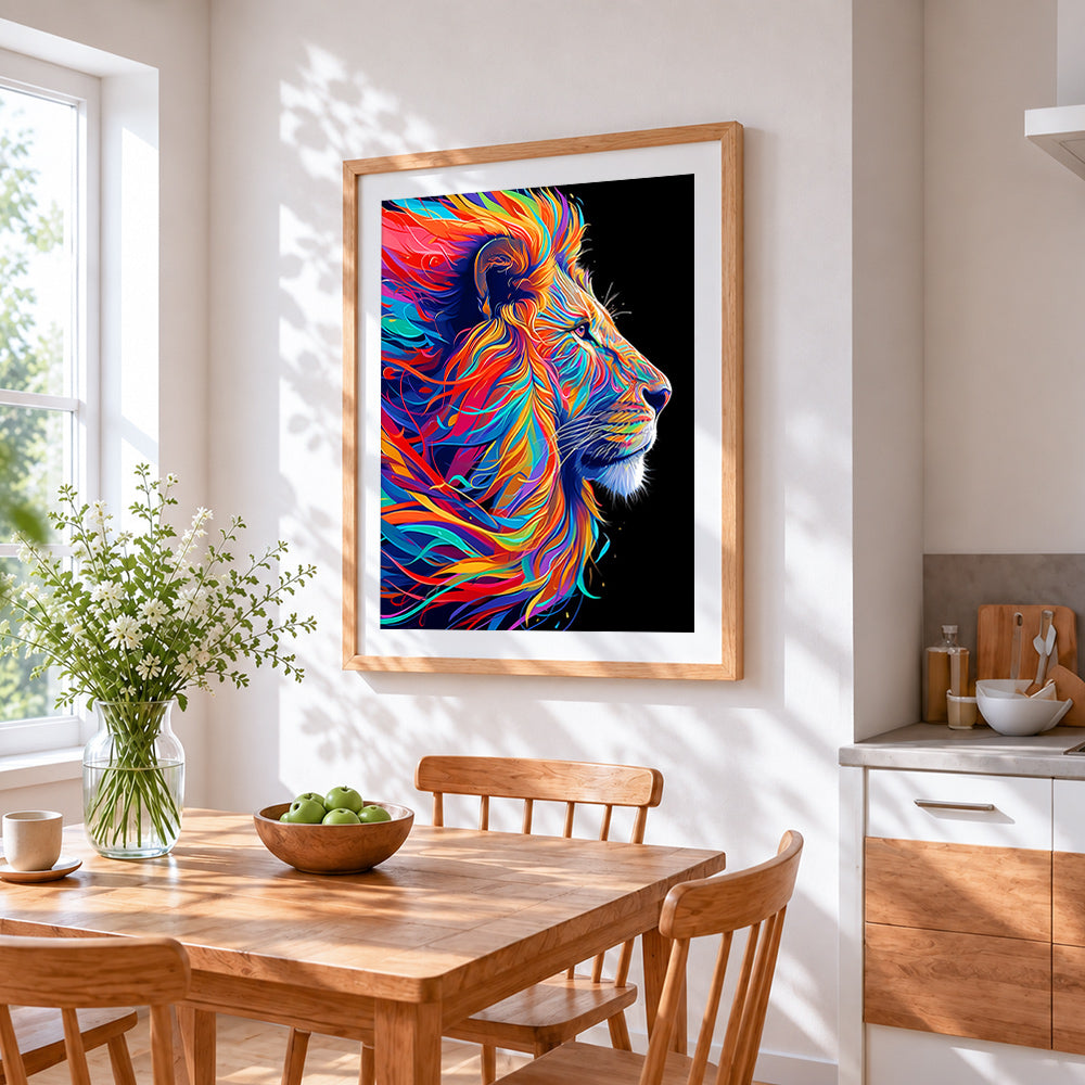 Colourful abstract lion profile cross stitch artwork displayed on wall as home decor