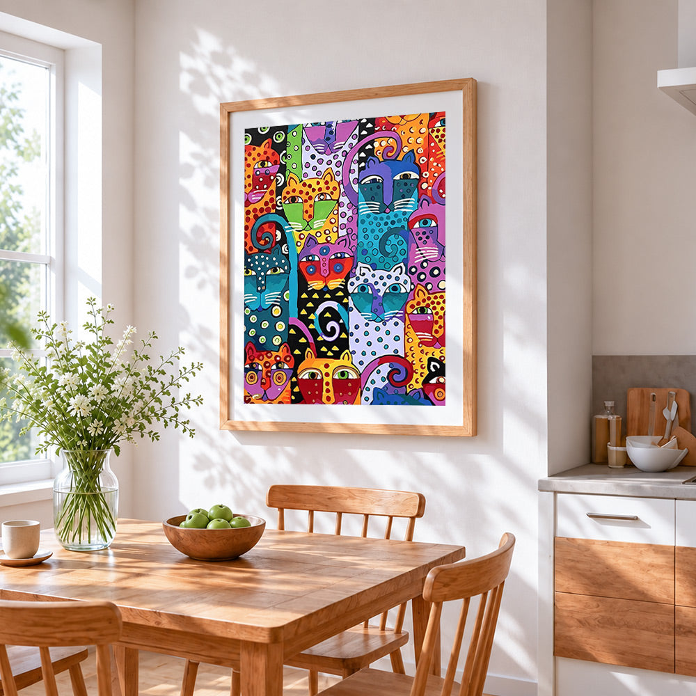 Colourful abstract pop art cats cross stitch artwork displayed on wall as home decor
