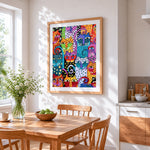 Colourful abstract pop art cats cross stitch artwork displayed on wall as home decor