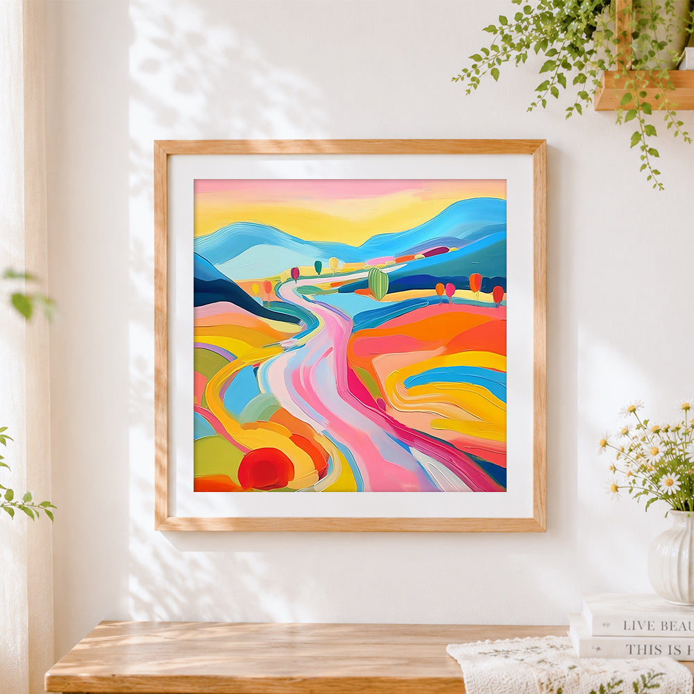 Finished colourful abstract rolling hills cross stitch artwork displayed