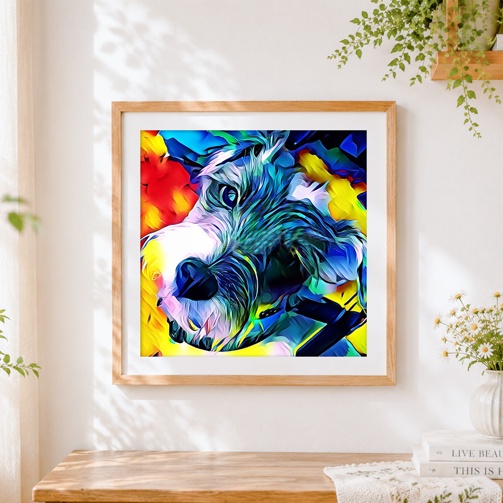 Finished colourful abstract schnauzer cross stitch artwork displayed