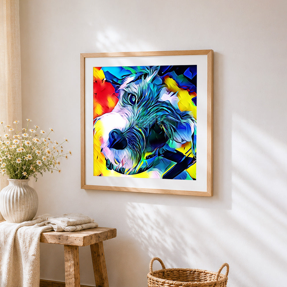 Colourful abstract schnauzer cross stitch artwork displayed on wall as home decor