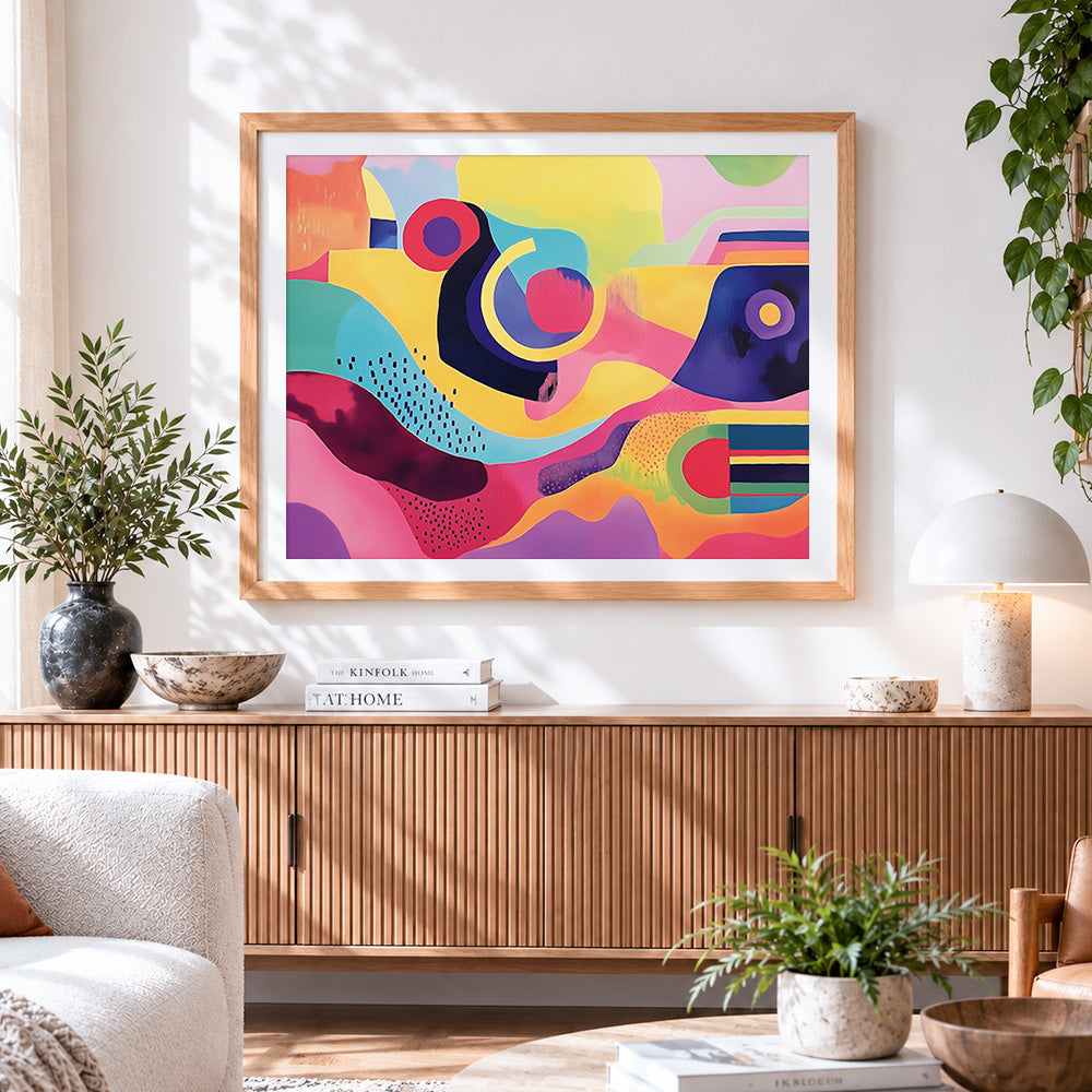 Finished colourful abstract shapes cross stitch artwork displayed