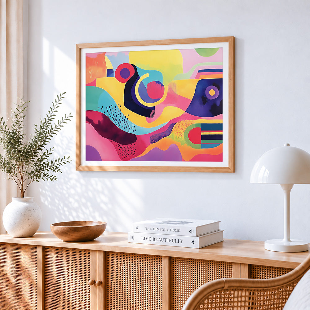 Colourful abstract shapes paint by numbers artwork displayed on wall as home decor