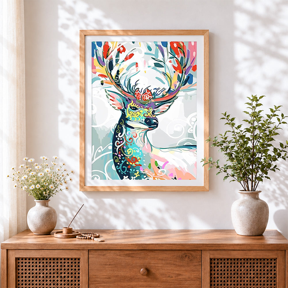 Finished colourful abstract stag with floral patterns cross stitch artwork displayed