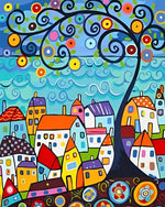 Colourful abstract village and swirl tree cross stitch kit for beginners