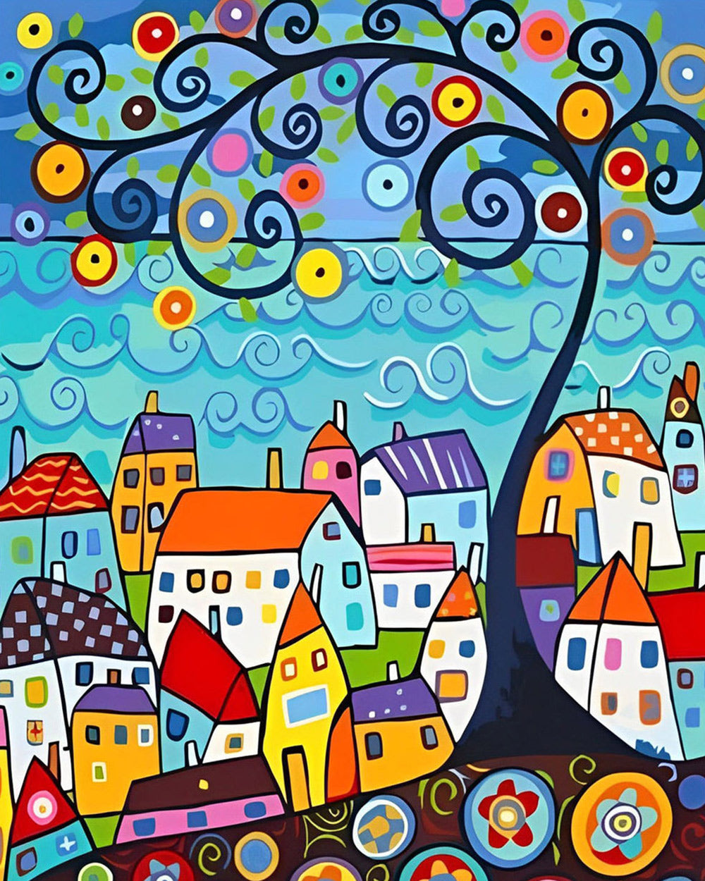 Colourful abstract village and swirl tree cross stitch kit for beginners