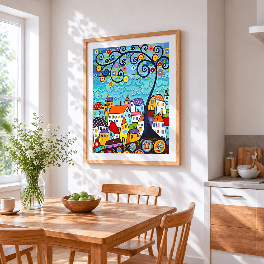 Colourful abstract village and swirl tree cross stitch artwork displayed on wall as home decor