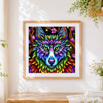 Finished colourful abstract wolf with blossoms cross stitch artwork displayed