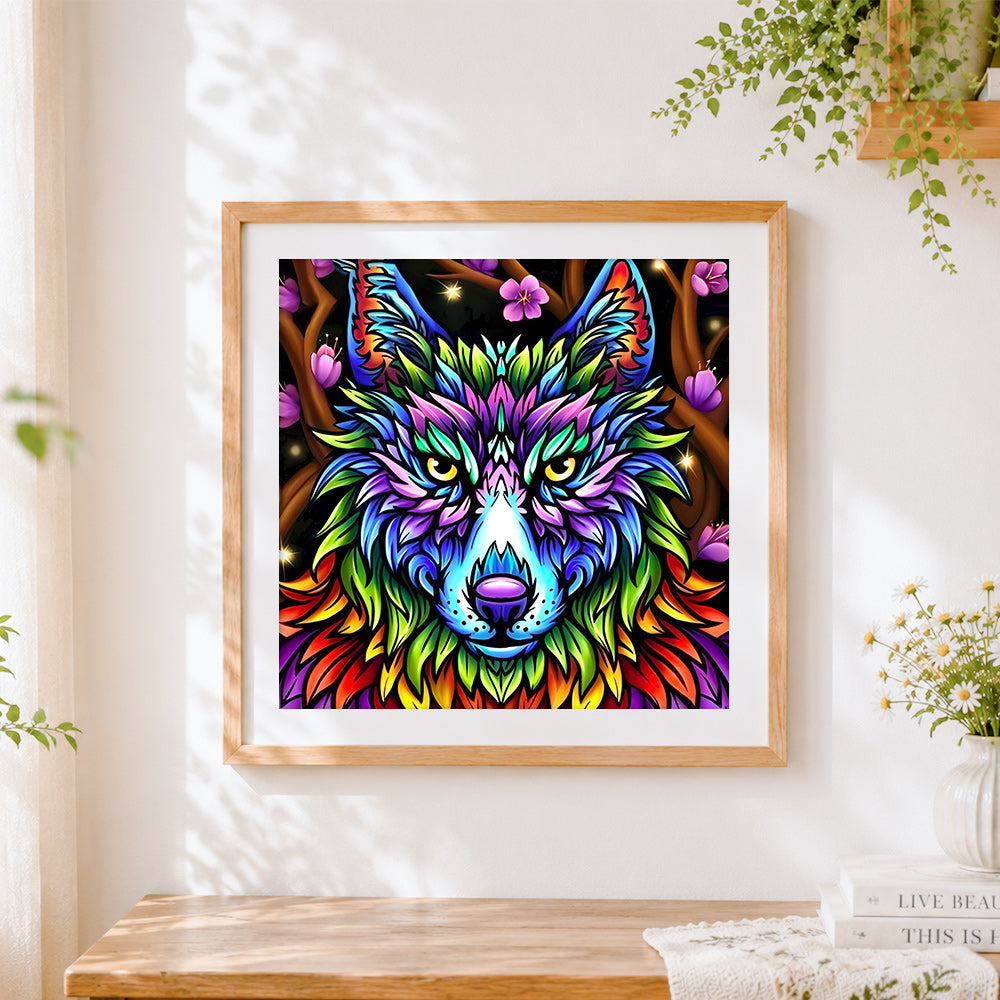 Finished colourful abstract wolf with blossoms cross stitch artwork displayed
