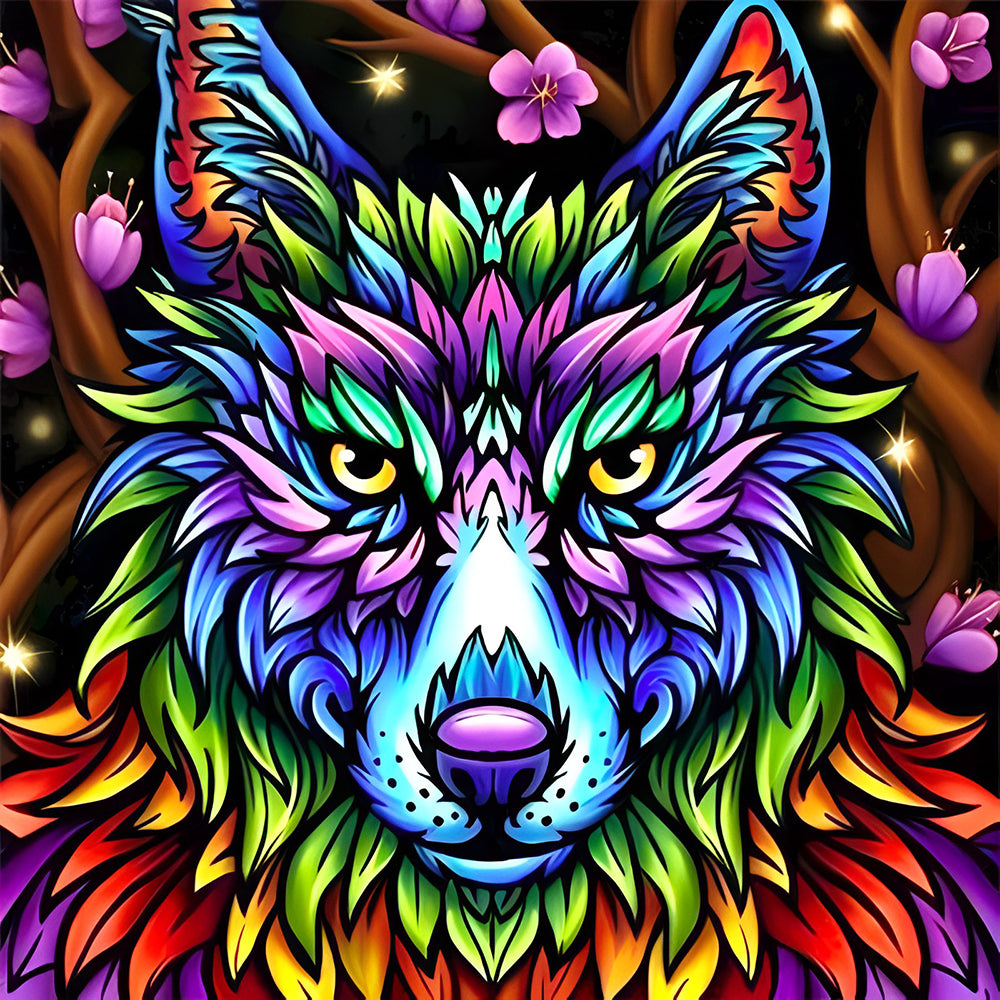 Colourful abstract wolf with blossoms cross stitch kit for beginners