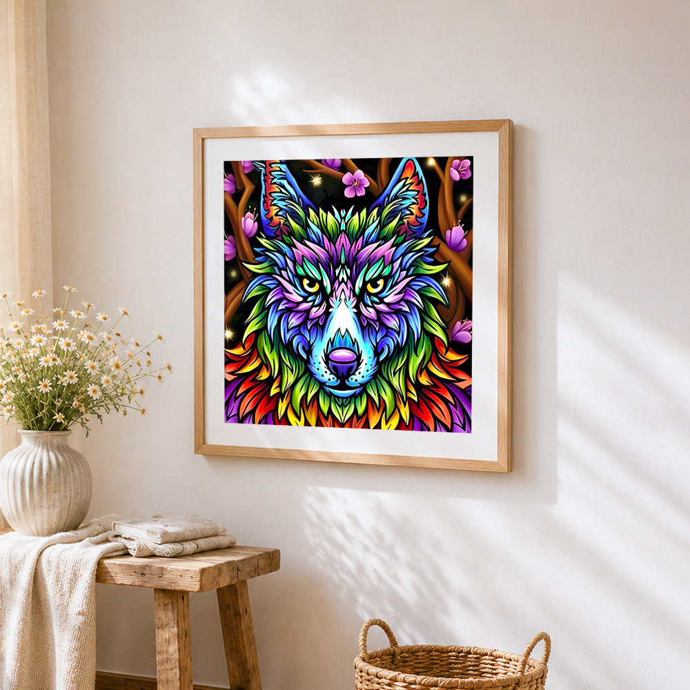 Colourful abstract wolf with blossoms cross stitch artwork displayed on wall as home decor