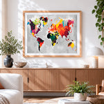 Finished colourful abstract world map paint by numbers artwork displayed as home decor