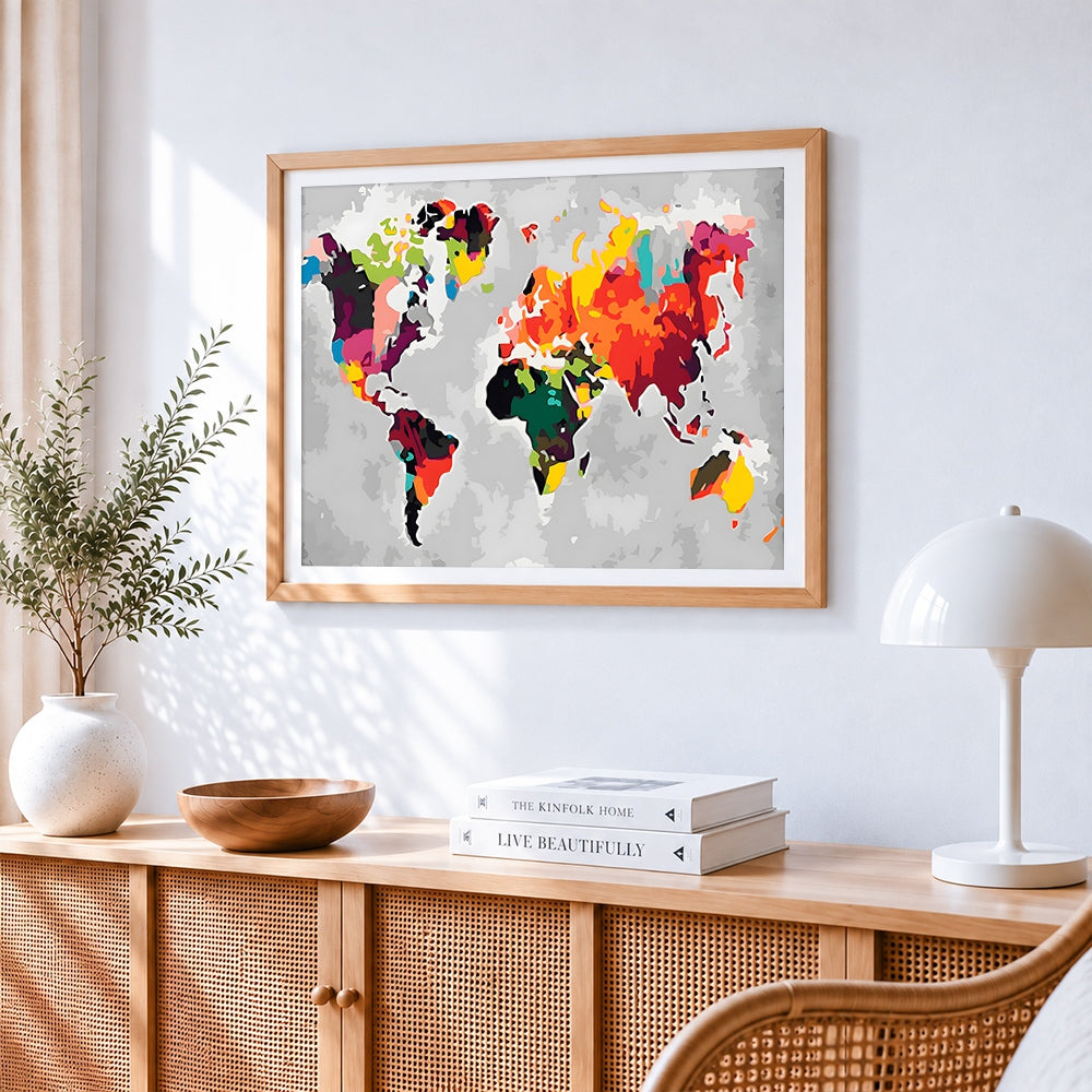 Colourful abstract world map paint by numbers artwork displayed on wall as home decor