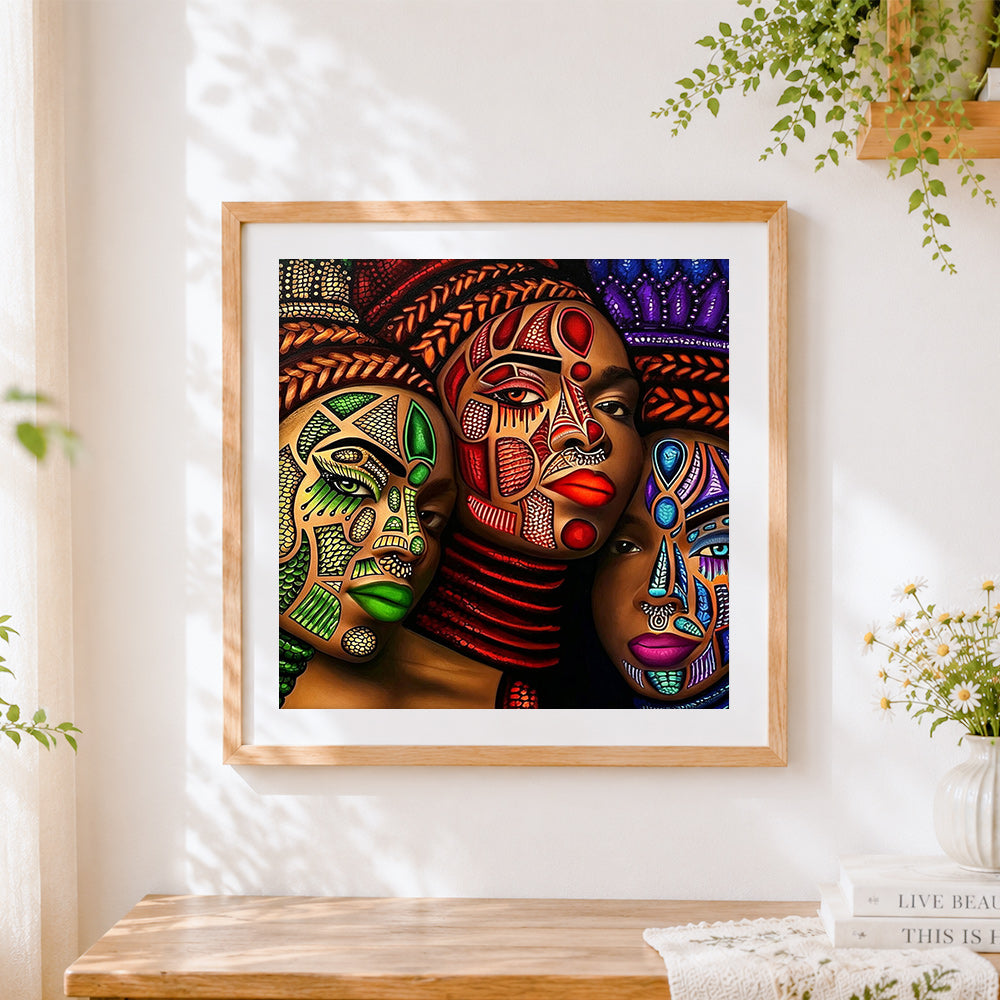 Finished colourful african inspired portrait cross stitch artwork displayed