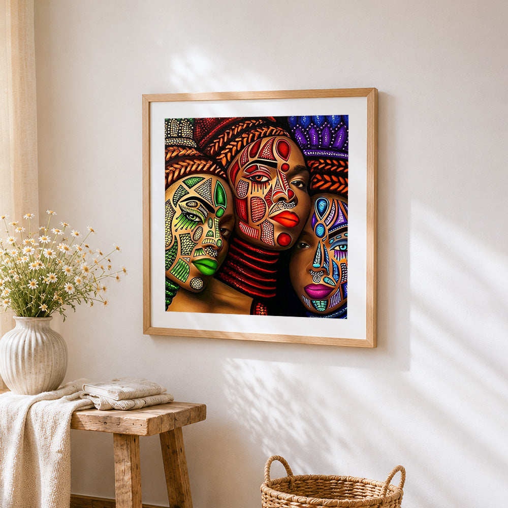 Colourful african inspired portrait cross stitch artwork displayed on wall as home decor