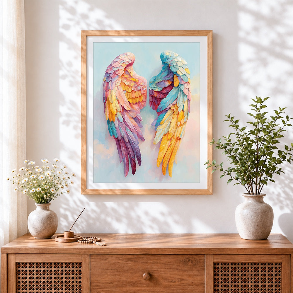 Finished colourful angel wings cross stitch artwork displayed
