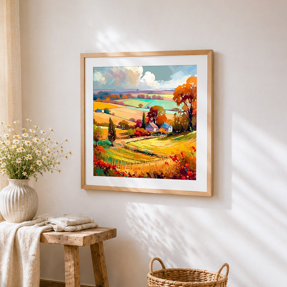Colourful autumn fields cross stitch artwork displayed on wall as home decor