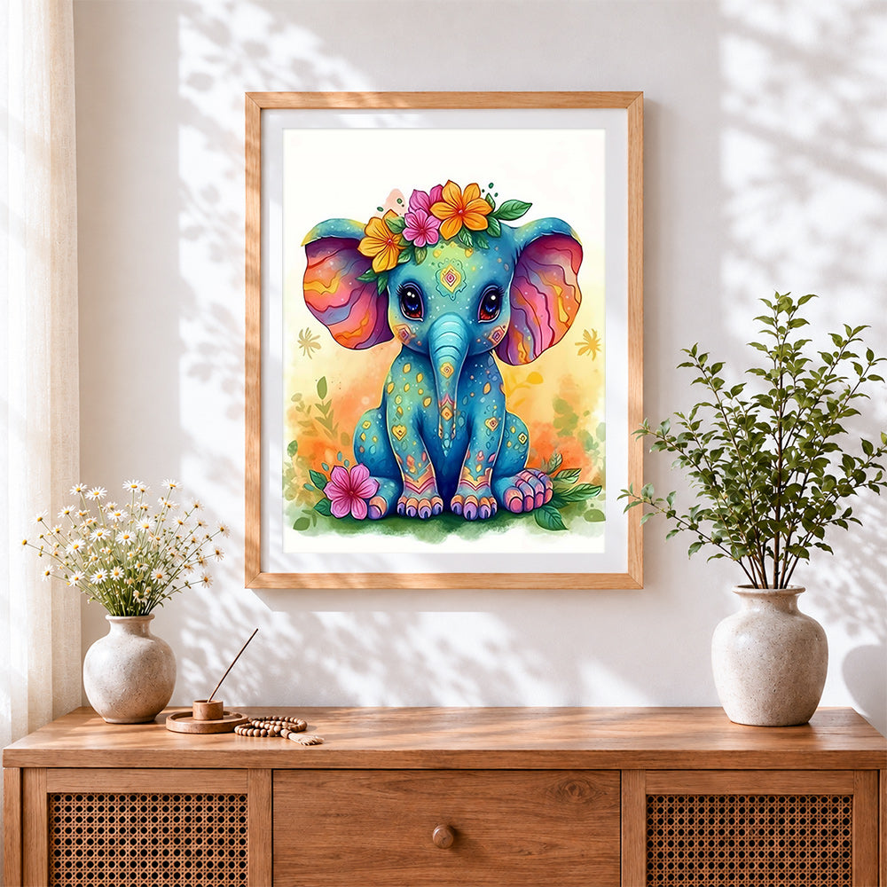 Finished colourful baby elephant with floral crown cross stitch artwork displayed