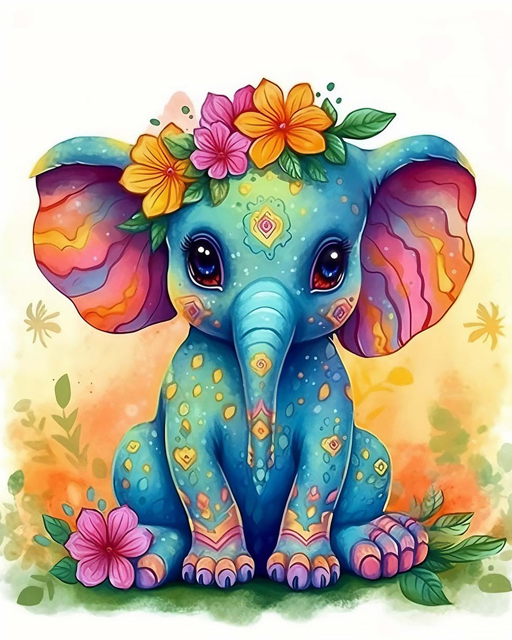 Colourful baby elephant with floral crown cross stitch kit for beginners