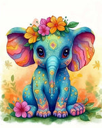 Colourful baby elephant with floral crown cross stitch kit for beginners