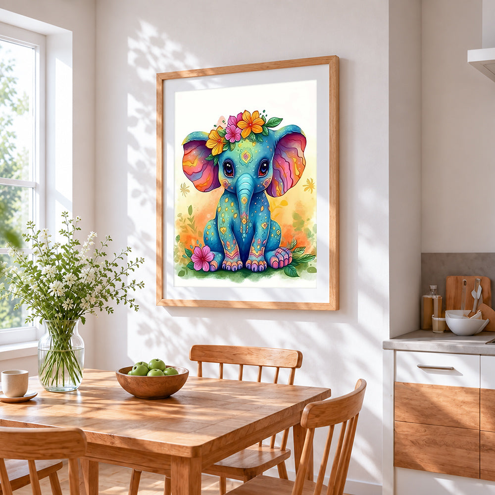 Colourful baby elephant with floral crown cross stitch artwork displayed on wall as home decor
