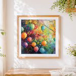 Finished colourful baubles on tree branches cross stitch artwork displayed