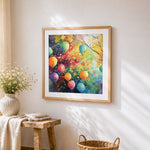Colourful baubles on tree branches cross stitch artwork displayed on wall as home decor