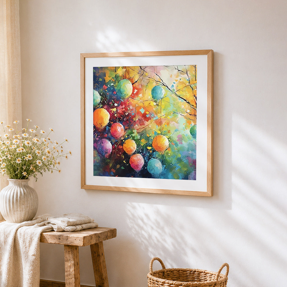 Colourful baubles on tree branches cross stitch artwork displayed on wall as home decor