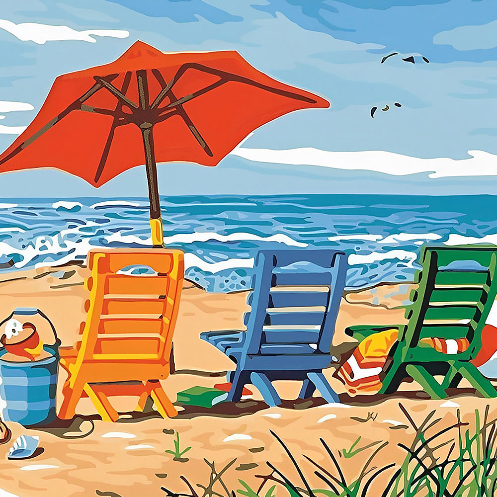 Colourful beach chairs and red umbrella paint by numbers kit for beginners
