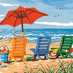 Colourful beach chairs and red umbrella paint by numbers kit for beginners